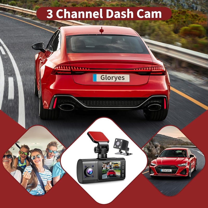 Gloryes 2025 Dash Cam, 3 Channel Dash Cam Front and Rear Inside, Interior Car Camera,2.5K/1440P Single Front Dash Camera,IR Night Vision, G-Sensor, Free 32G SD Card, Parking Monitor 1S Recording - Image 3